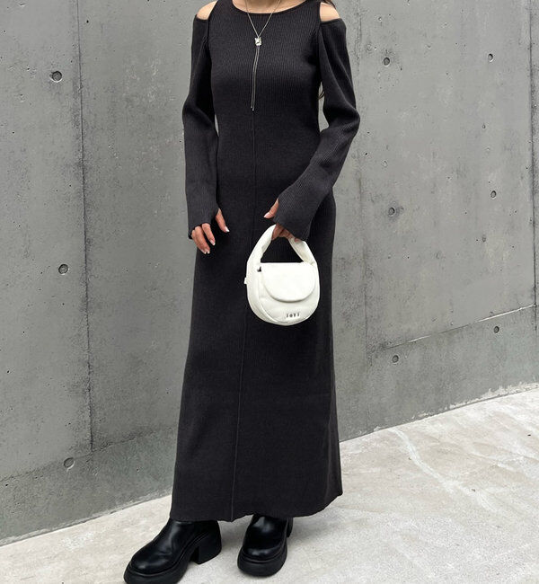  「[mline]カットアウトニットワンピース」|ワンピース|チャコールグレー