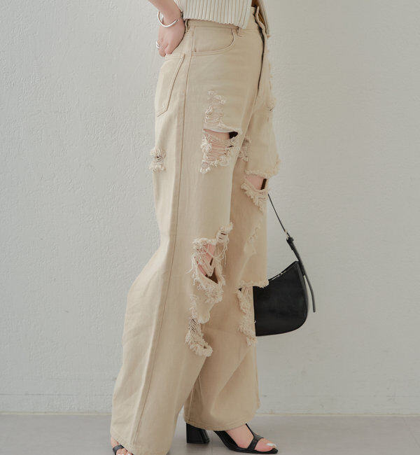  「【2サイズ/6色展開/サイズ比較動画あり】ダメージワイドデニムパンツ」|デニム|