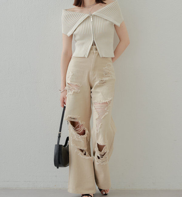  「【2サイズ/6色展開/サイズ比較動画あり】ダメージワイドデニムパンツ」|デニム|