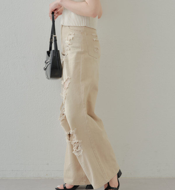  「【2サイズ/6色展開/サイズ比較動画あり】ダメージワイドデニムパンツ」|デニム|