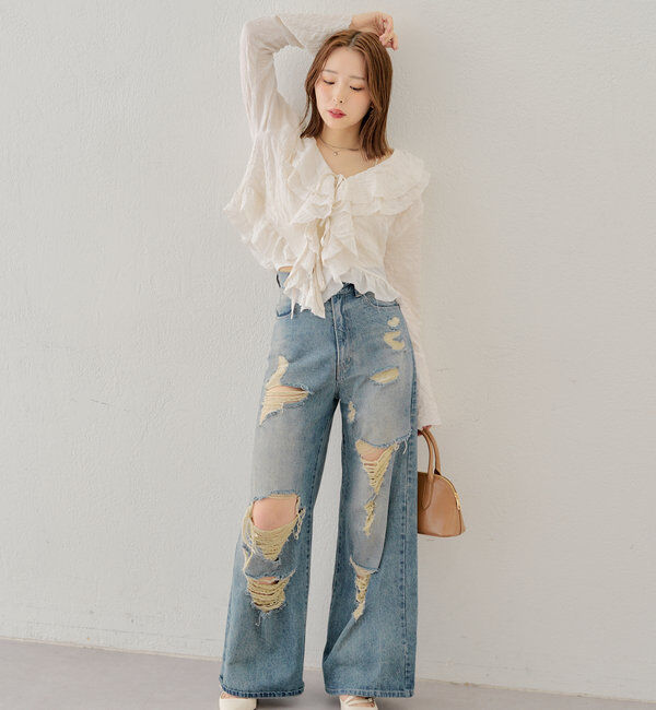  「【2サイズ/6色展開/サイズ比較動画あり】ダメージワイドデニムパンツ」|デニム|