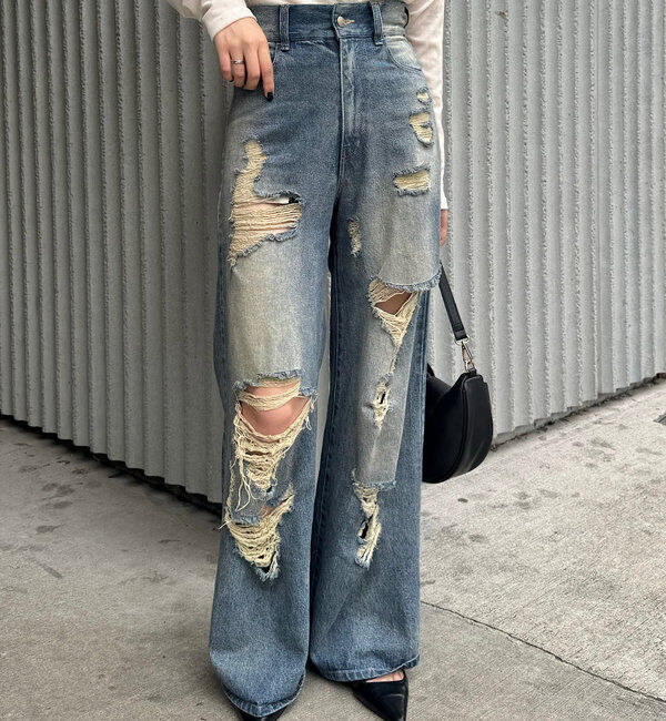  「【2サイズ/6色展開/サイズ比較動画あり】ダメージワイドデニムパンツ」|デニム|