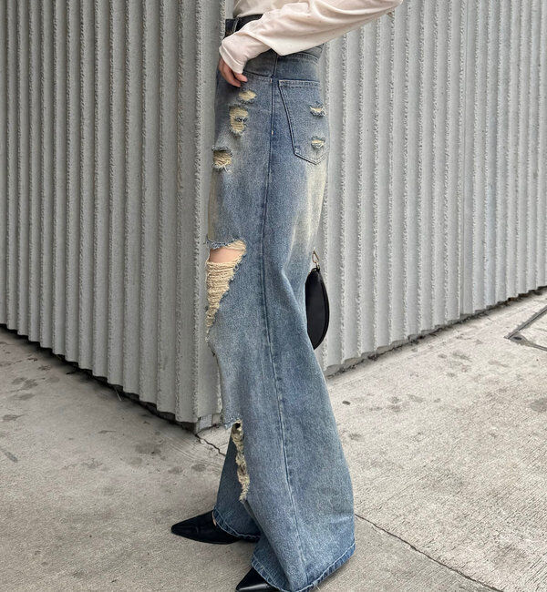  「【2サイズ/6色展開/サイズ比較動画あり】ダメージワイドデニムパンツ」|デニム|