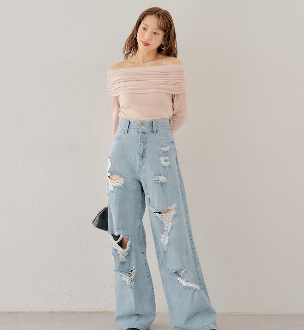  「【2サイズ/6色展開/サイズ比較動画あり】ダメージワイドデニムパンツ」|デニム|