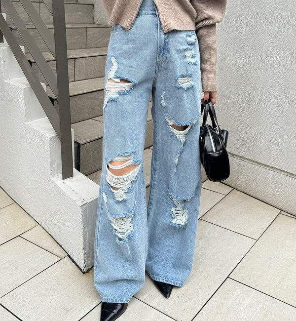  「【2サイズ/6色展開/サイズ比較動画あり】ダメージワイドデニムパンツ」|デニム|