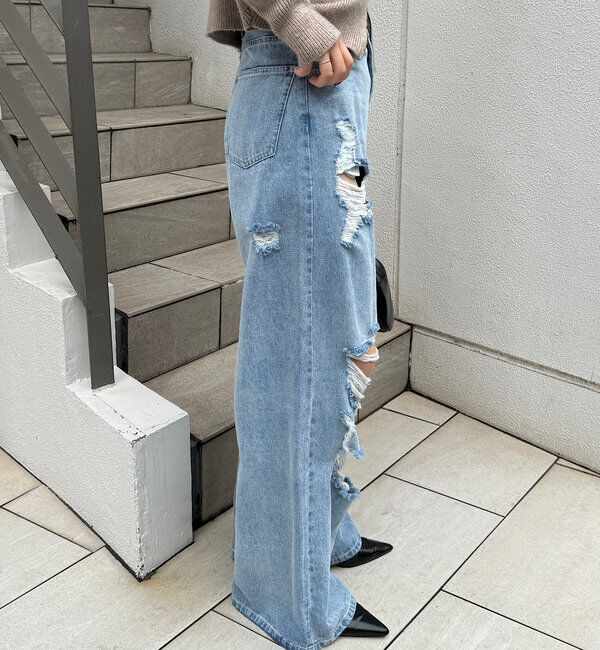  「【2サイズ/6色展開/サイズ比較動画あり】ダメージワイドデニムパンツ」|デニム|