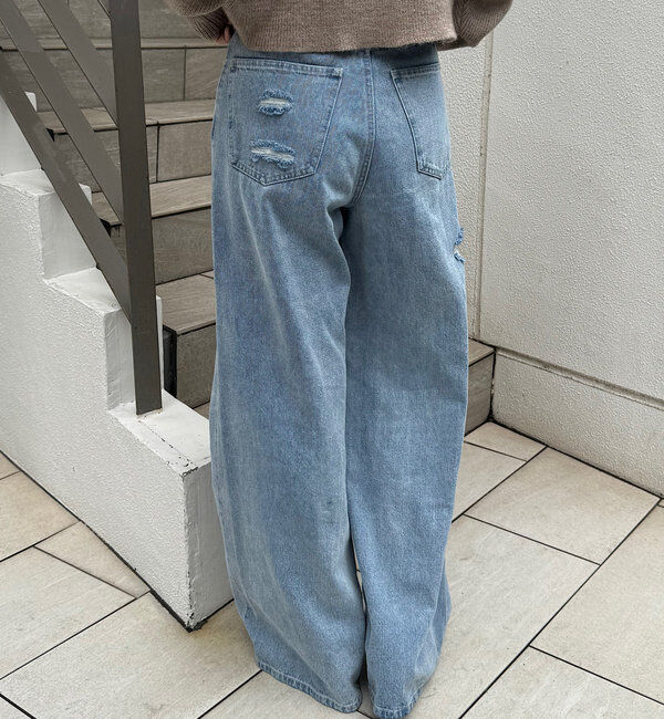  「【2サイズ/6色展開/サイズ比較動画あり】ダメージワイドデニムパンツ」|デニム|