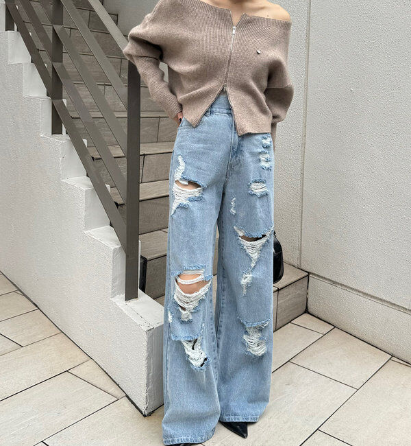  「【2サイズ/6色展開/サイズ比較動画あり】ダメージワイドデニムパンツ」|デニム|