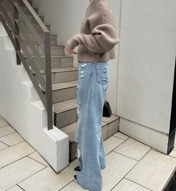  「【2サイズ/6色展開/サイズ比較動画あり】ダメージワイドデニムパンツ」|デニム|