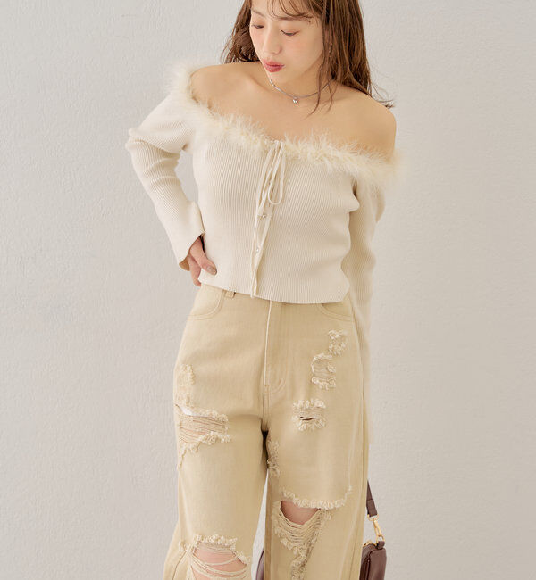  「【2サイズ/6色展開/サイズ比較動画あり】ダメージワイドデニムパンツ」|デニム|