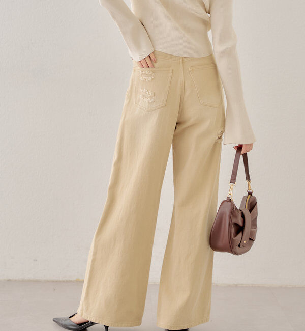  「【2サイズ/6色展開/サイズ比較動画あり】ダメージワイドデニムパンツ」|デニム|