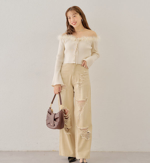  「【2サイズ/6色展開/サイズ比較動画あり】ダメージワイドデニムパンツ」|デニム|