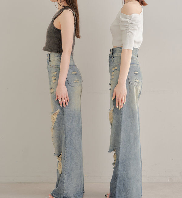  「【2サイズ/6色展開/サイズ比較動画あり】ダメージワイドデニムパンツ」|デニム|