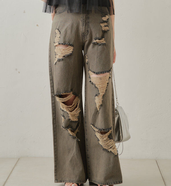  「【2サイズ/6色展開/サイズ比較動画あり】ダメージワイドデニムパンツ」|デニム|