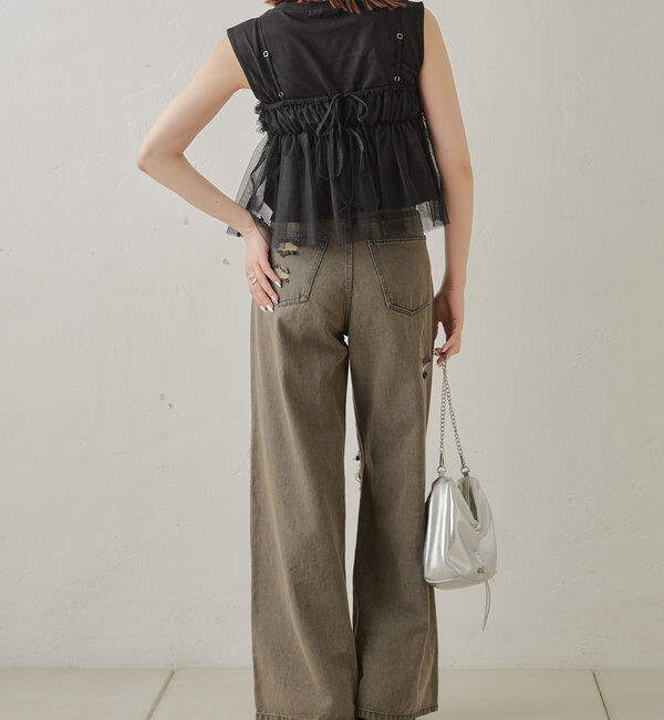  「【2サイズ/6色展開/サイズ比較動画あり】ダメージワイドデニムパンツ」|デニム|