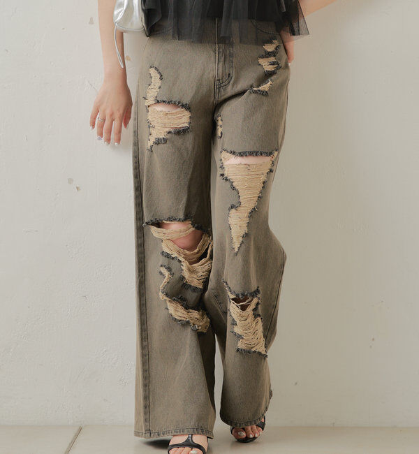  「【2サイズ/6色展開/サイズ比較動画あり】ダメージワイドデニムパンツ」|デニム|