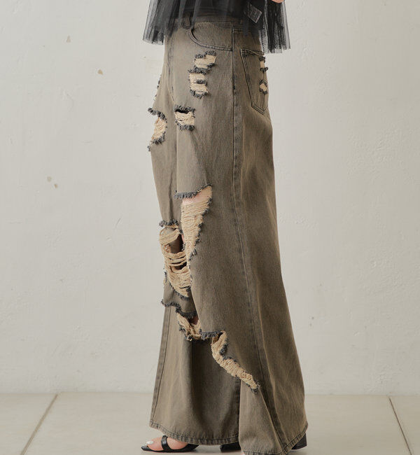  「【2サイズ/6色展開/サイズ比較動画あり】ダメージワイドデニムパンツ」|デニム|