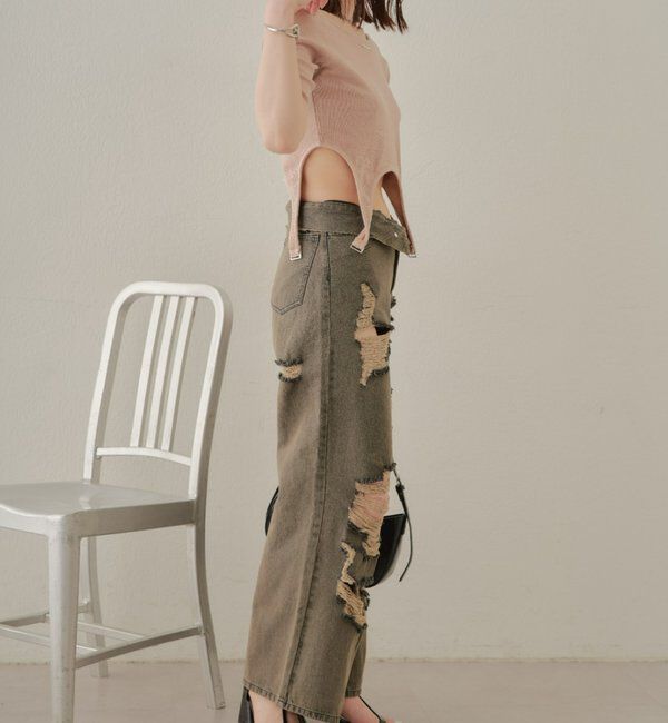  「【2サイズ/6色展開/サイズ比較動画あり】ダメージワイドデニムパンツ」|デニム|