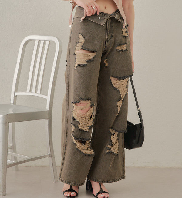  「【2サイズ/6色展開/サイズ比較動画あり】ダメージワイドデニムパンツ」|デニム|