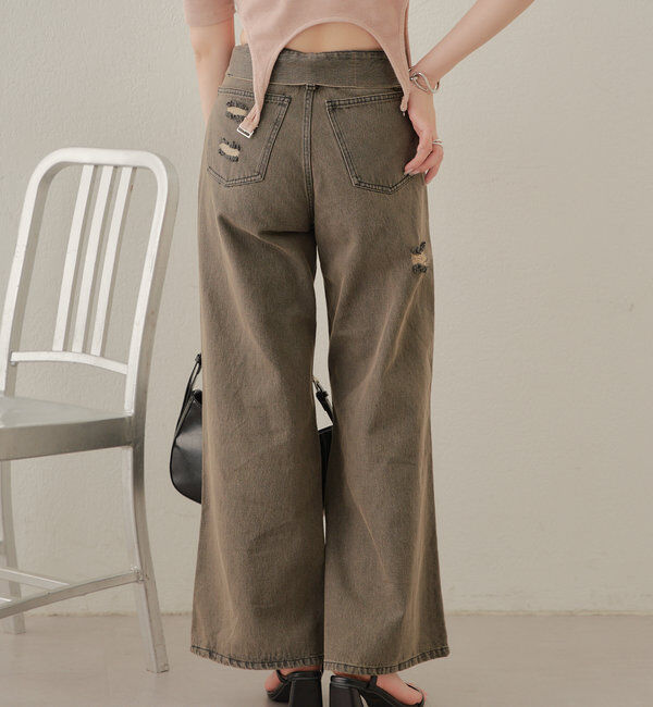  「【2サイズ/6色展開/サイズ比較動画あり】ダメージワイドデニムパンツ」|デニム|