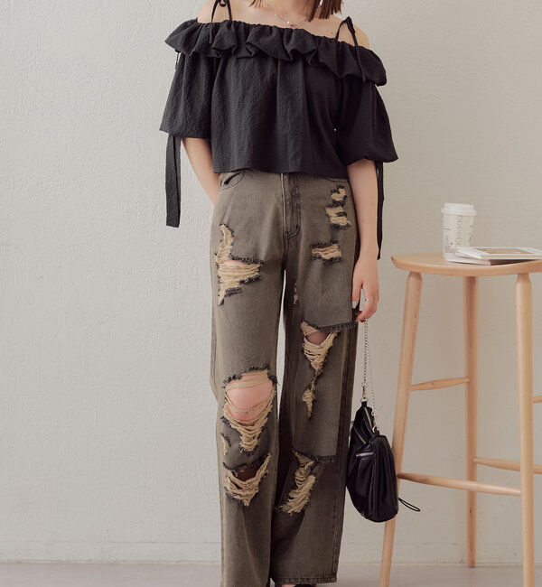  「【2サイズ/6色展開/サイズ比較動画あり】ダメージワイドデニムパンツ」|デニム|