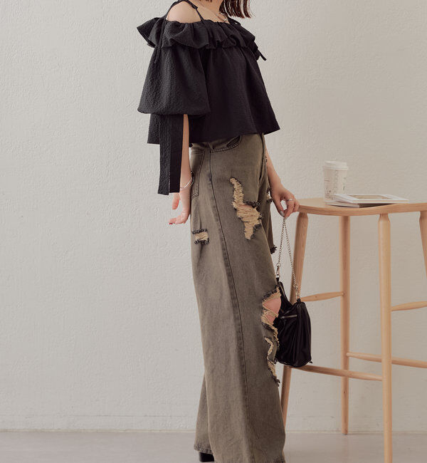  「【2サイズ/6色展開/サイズ比較動画あり】ダメージワイドデニムパンツ」|デニム|