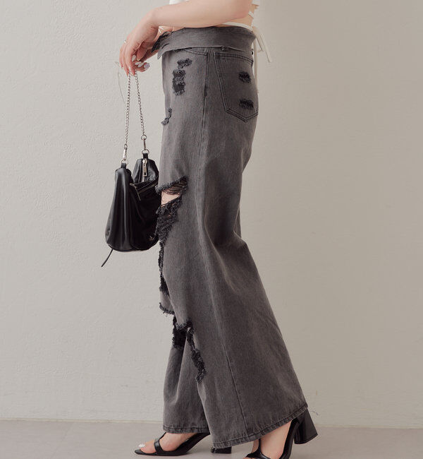  「【2サイズ/6色展開/サイズ比較動画あり】ダメージワイドデニムパンツ」|デニム|