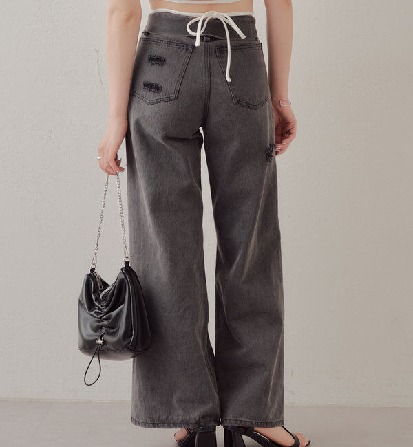  「【2サイズ/6色展開/サイズ比較動画あり】ダメージワイドデニムパンツ」|デニム|