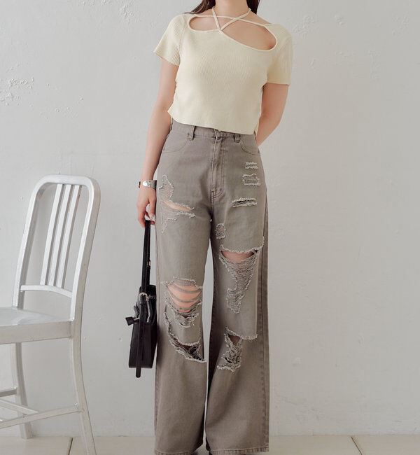  「【2サイズ/6色展開/サイズ比較動画あり】ダメージワイドデニムパンツ」|デニム|