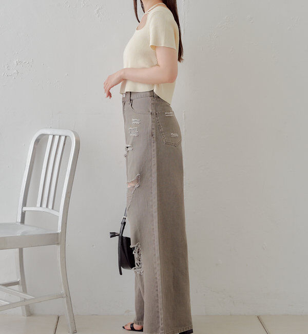  「【2サイズ/6色展開/サイズ比較動画あり】ダメージワイドデニムパンツ」|デニム|