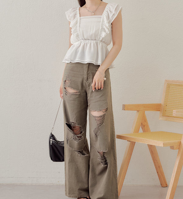  「【2サイズ/6色展開/サイズ比較動画あり】ダメージワイドデニムパンツ」|デニム|