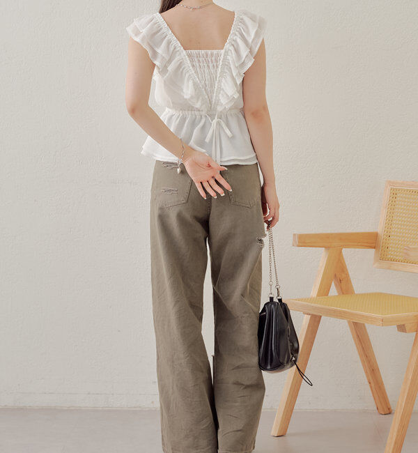  「【2サイズ/6色展開/サイズ比較動画あり】ダメージワイドデニムパンツ」|デニム|