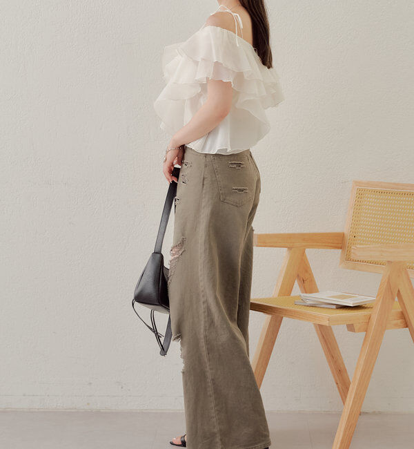  「【2サイズ/6色展開/サイズ比較動画あり】ダメージワイドデニムパンツ」|デニム|