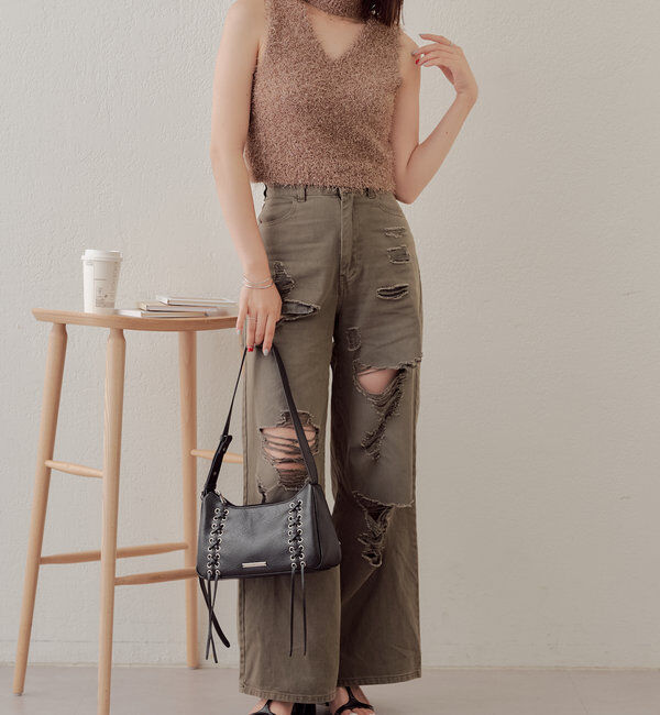  「【2サイズ/6色展開/サイズ比較動画あり】ダメージワイドデニムパンツ」|デニム|