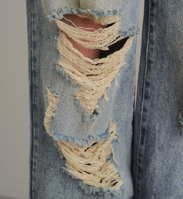  「【2サイズ/6色展開/サイズ比較動画あり】ダメージワイドデニムパンツ」|デニム|