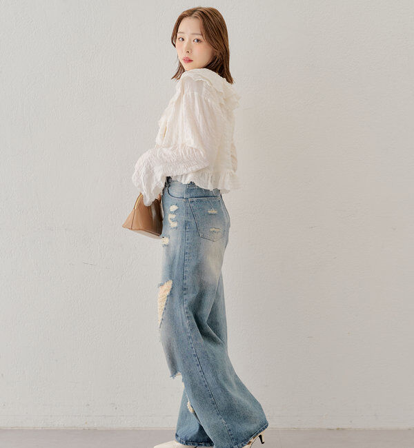  「【2サイズ/6色展開/サイズ比較動画あり】ダメージワイドデニムパンツ」|デニム|