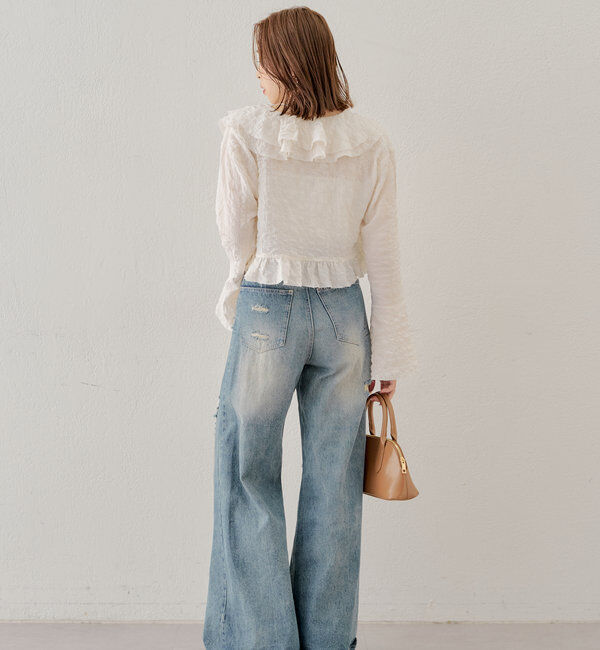  「【2サイズ/6色展開/サイズ比較動画あり】ダメージワイドデニムパンツ」|デニム|