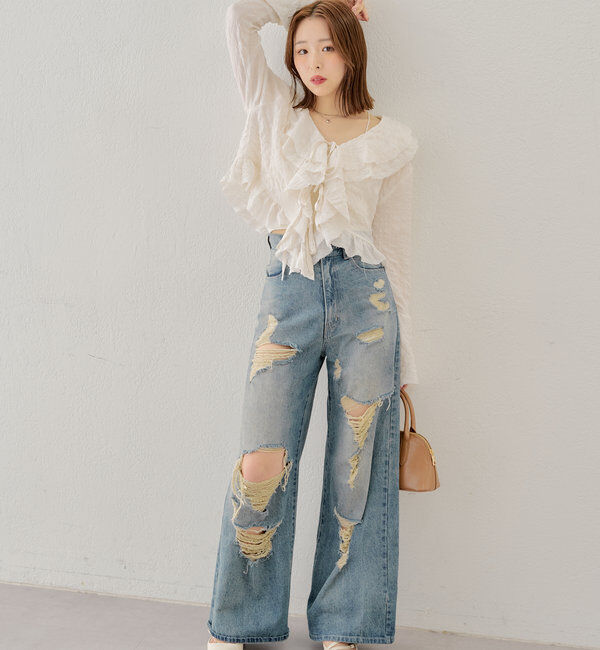  「【2サイズ/6色展開/サイズ比較動画あり】ダメージワイドデニムパンツ」|デニム|ブルー