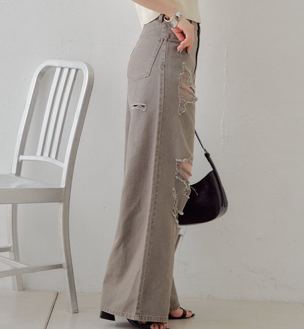  「【2サイズ/6色展開/サイズ比較動画あり】ダメージワイドデニムパンツ」|デニム|