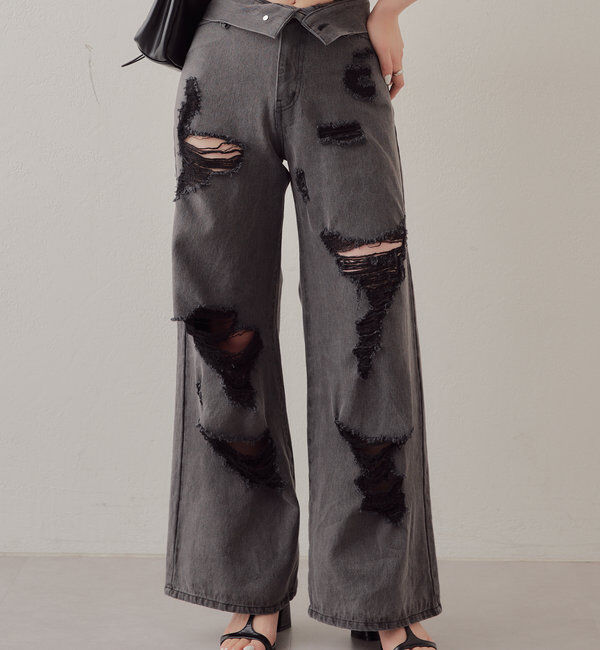  「【2サイズ/6色展開/サイズ比較動画あり】ダメージワイドデニムパンツ」|デニム|グレー