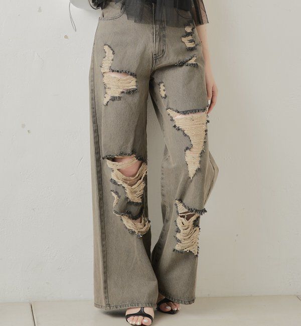  「【2サイズ/6色展開/サイズ比較動画あり】ダメージワイドデニムパンツ」|デニム|グレーその他2