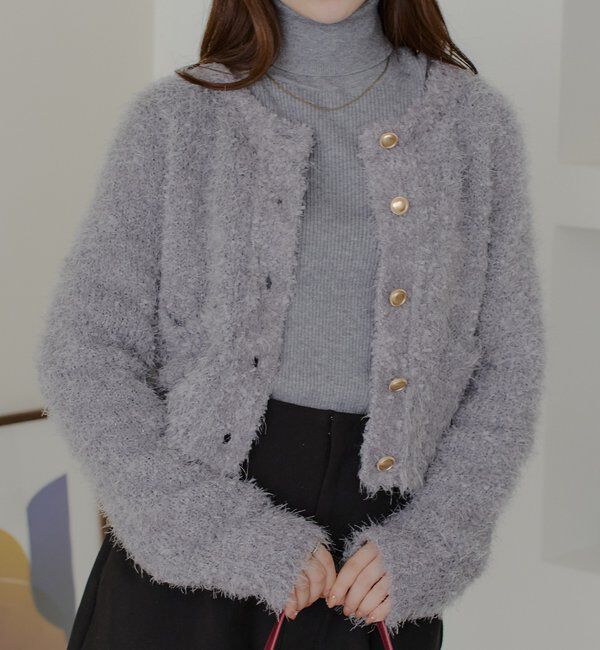  「【セットアップ対応】ラメシャギー金釦コンパクト長袖カーディガン」|カーディガン|