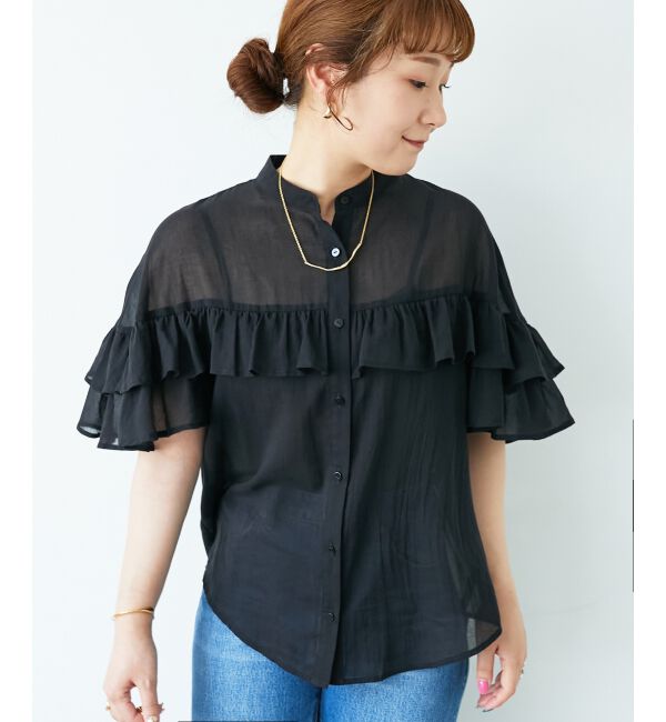  「バンドカラーシアーフリルブラウス」|シャツ・ブラウス|