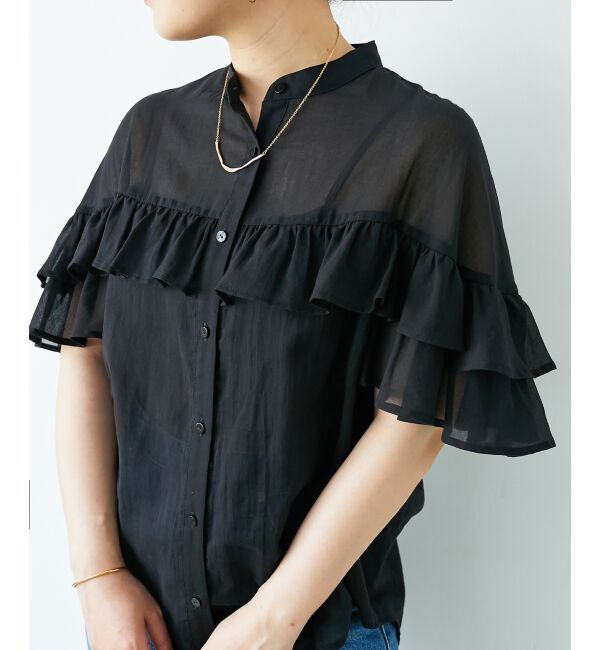 「バンドカラーシアーフリルブラウス」|シャツ・ブラウス|
