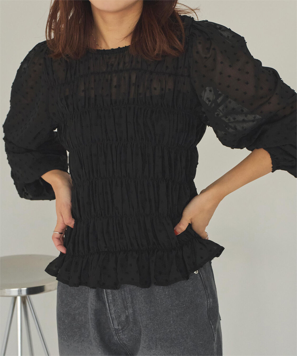 titivate「シアー楊柳ぽこぽこシャーリングトップス」|シャツ・ブラウス|