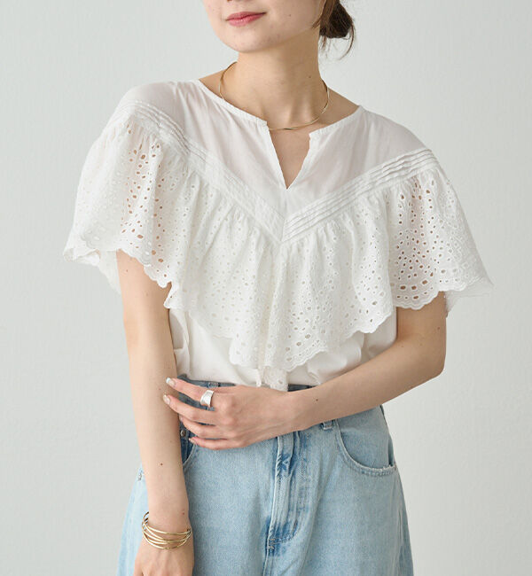  「【ブラウス見え】スカラップレースドッキングTシャツ」|Tシャツ・カットソー|