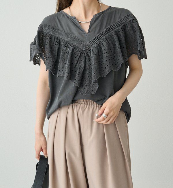  「【ブラウス見え】スカラップレースドッキングTシャツ」|Tシャツ・カットソー|