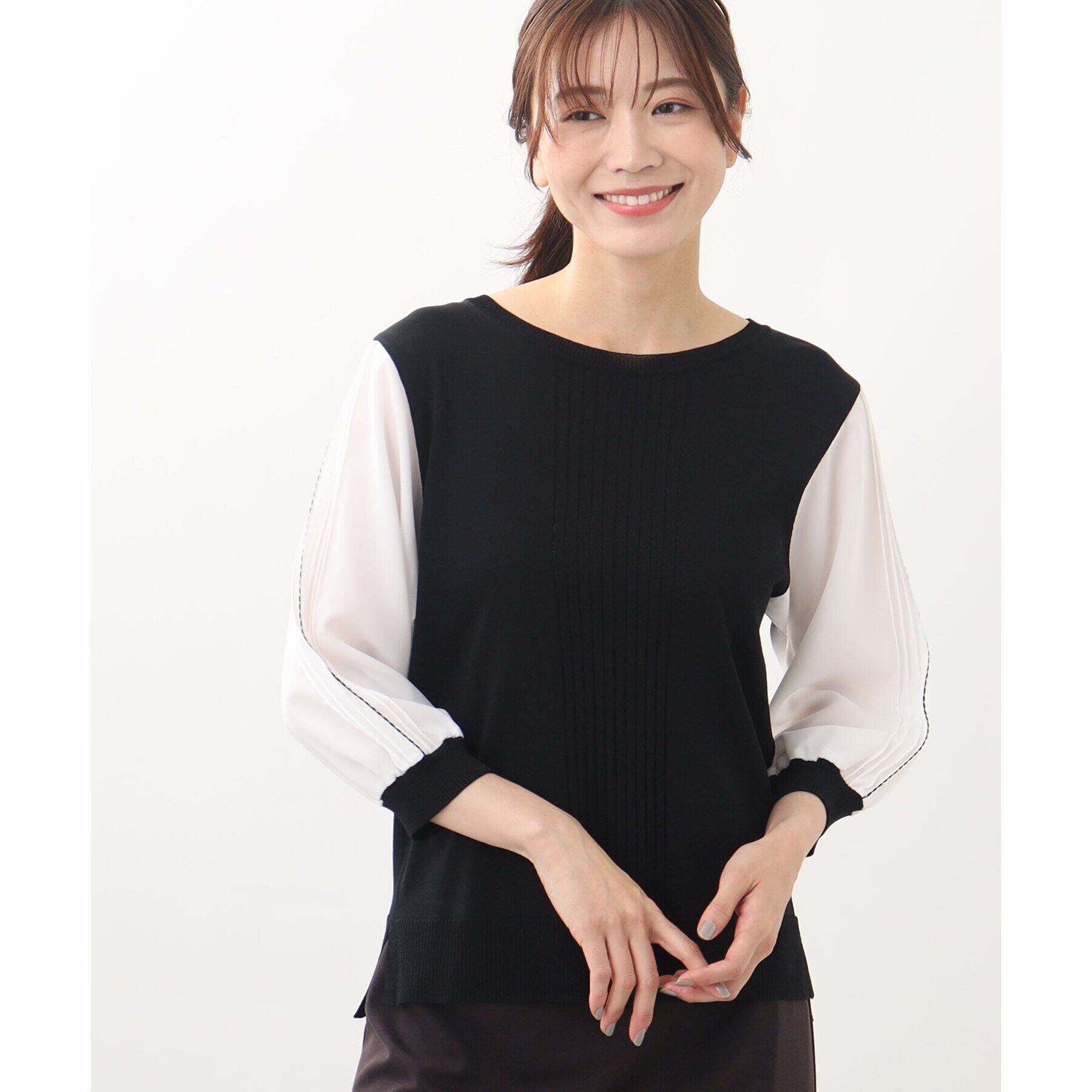 Reflect「【WEB限定カラーあり／UVカット／接触冷感／洗える／涼しく着られる】シフォンスリーブニット」|ニット・セーター|ブラック(519)