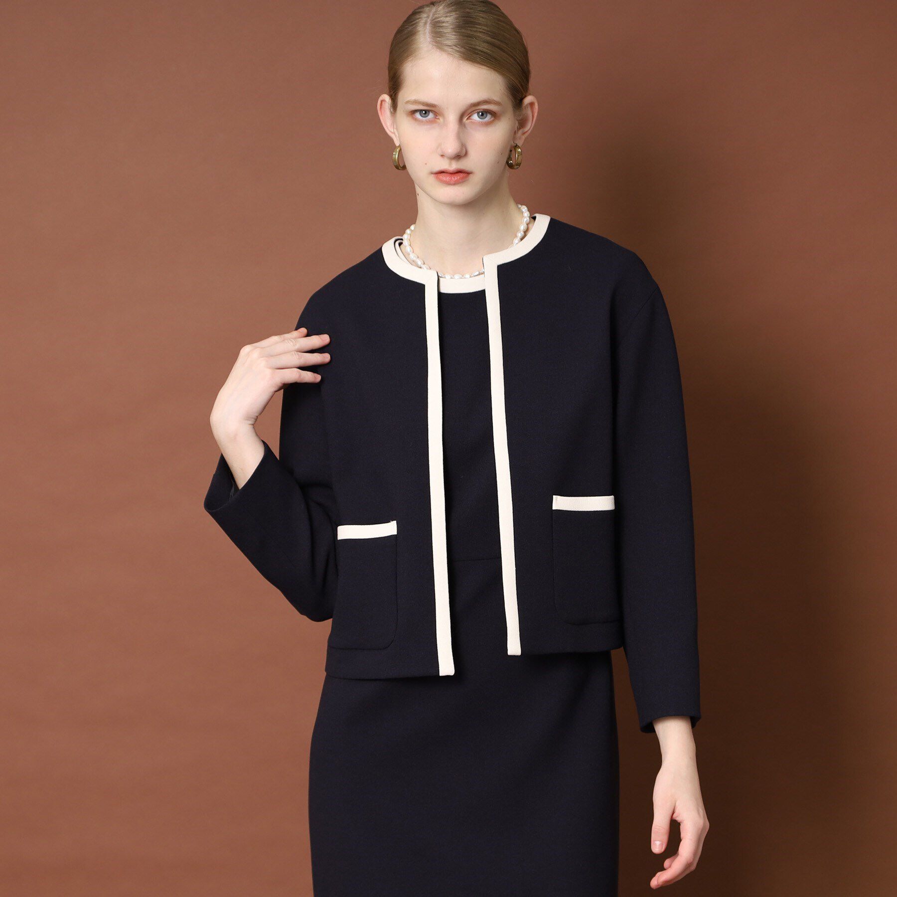 DRESSTERIOR「【セットアップ可】バイカラーショートジャケット」|ノーカラージャケット|ネイビー(093)