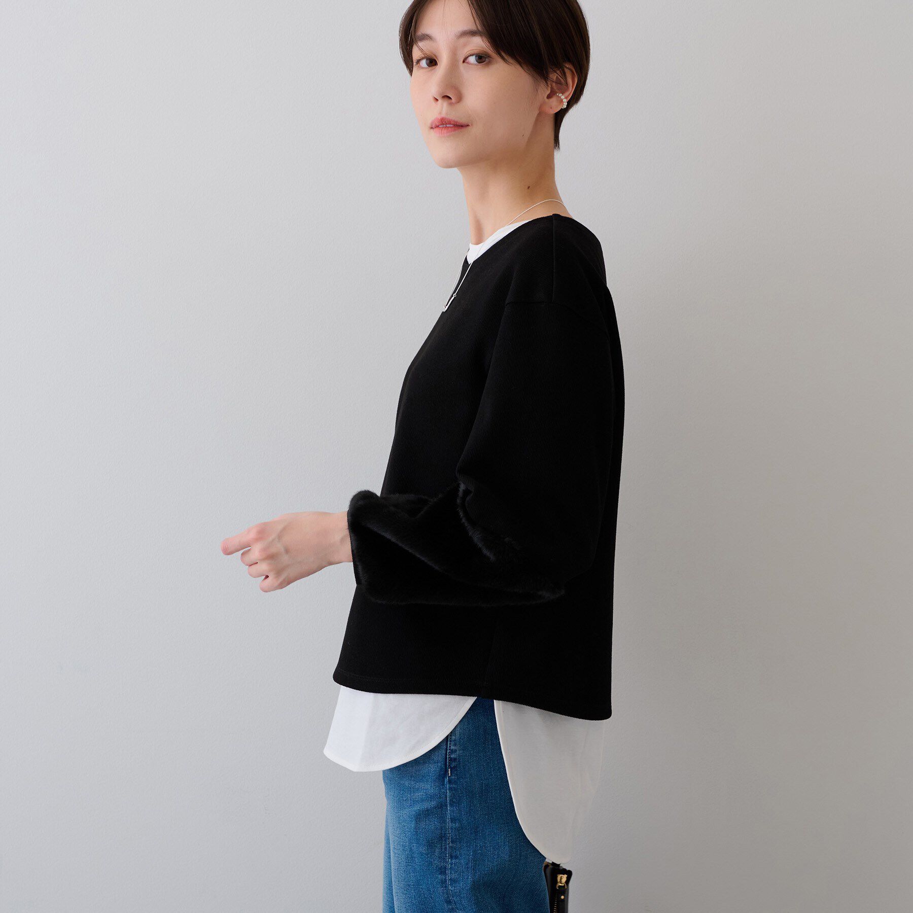 INDIVI「【洗える／UVケア／SETUP可能】メランジ調フェイクファー切り替えトップス」|Tシャツ・カットソー|